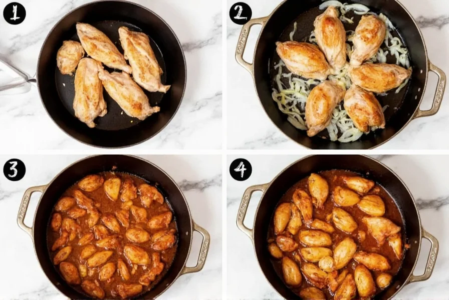 Step-by-step photo of easy chicken chili recipe showing golden brown chicken browning in pot with onions and spices