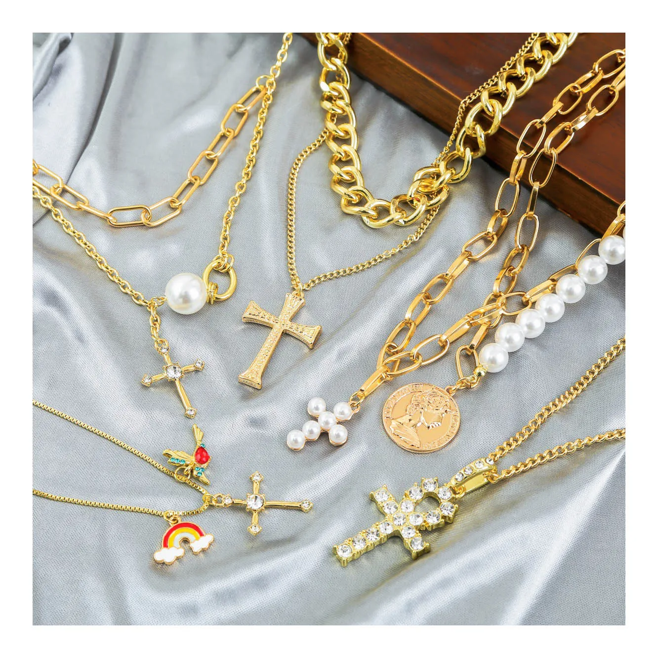 

new arrival Gold Plated Rainbow rhinestone Diamond Pearl Cross Pendant Necklace, As picture