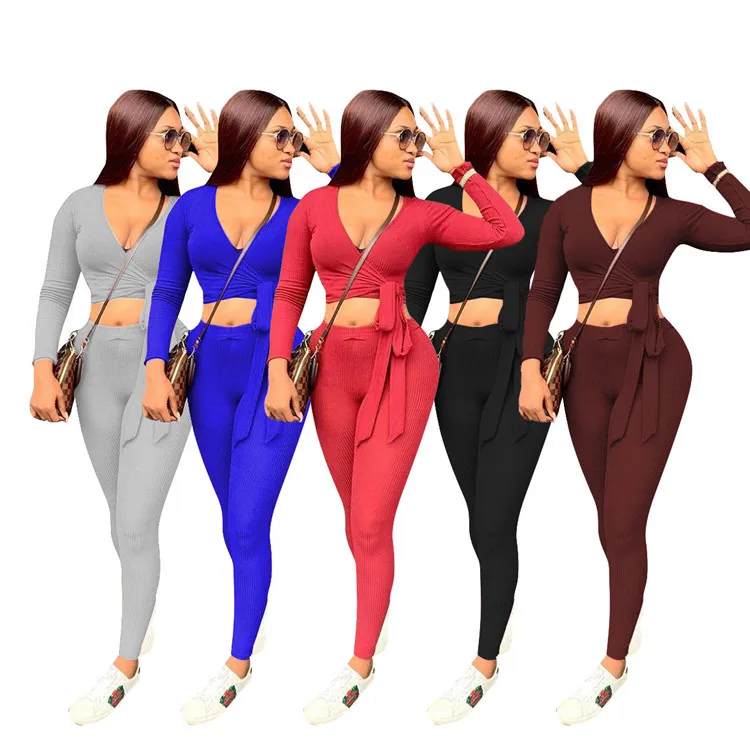 

Casual Solid Color Bandage Bow Ribbed Two Piece Blue Set Women Two Piece Long Sleeve Set Women Sexy Two Piece Fall Sets