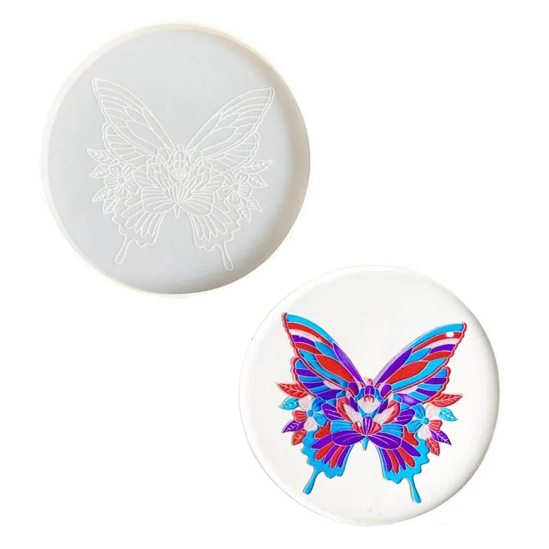 

0922 Home Decoration DIY Crystal Epoxy Shiny Butterfly Coaster Mold Round Water Coaster Resin Mold Coffee Cup Mat Silicone Mold, Transparent