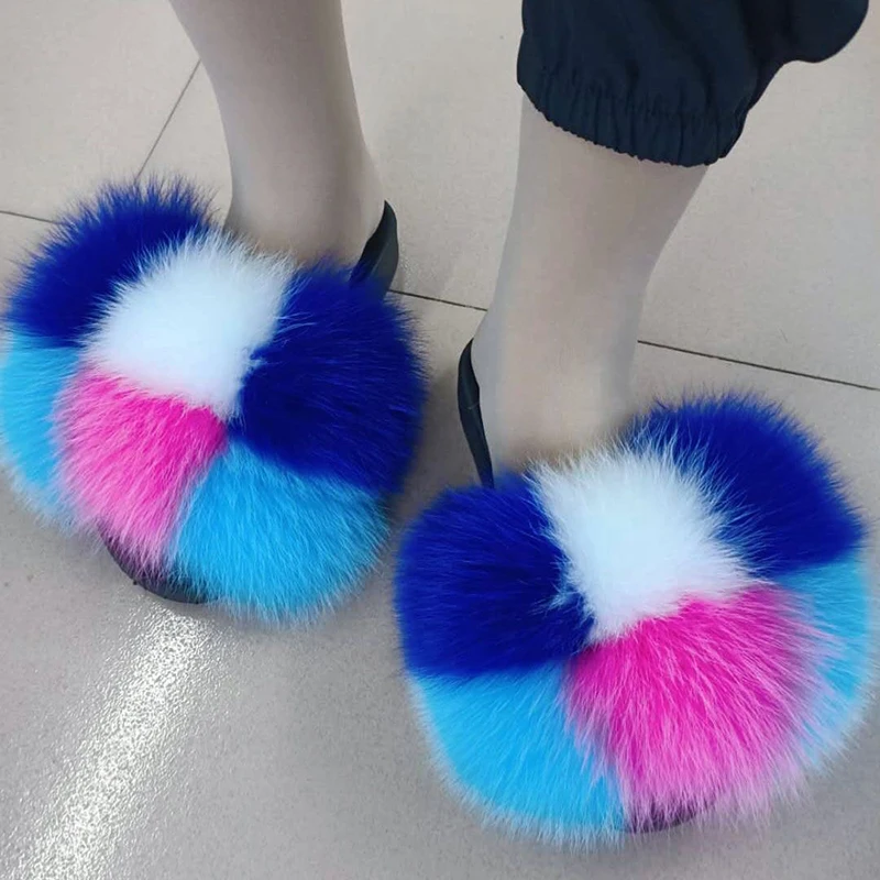 

Hot sale spring summer Fashionable ladies fox fur slippers, high-quality raccoon fur slides autumn winter fox fur slippers, Pink,yellow,white,black,green,or custom