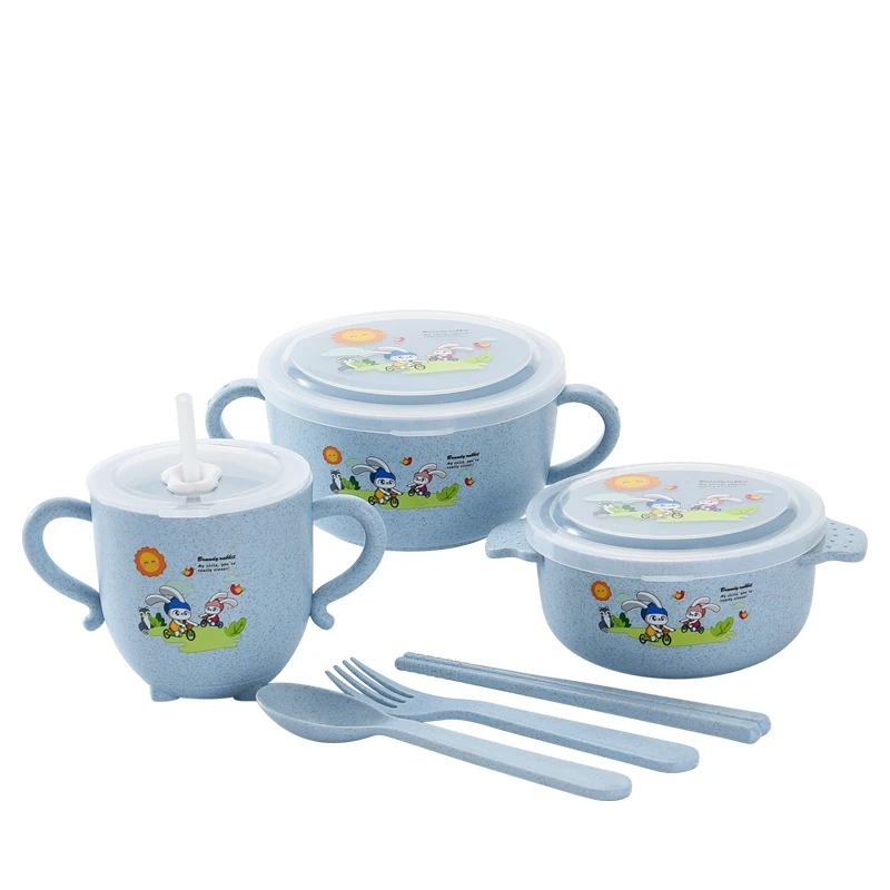 

High Quatitly 6 Pcs Feeding Set Baby Kids Carton Dinnerware Tableware set, Pink/green/blue/wheat straw