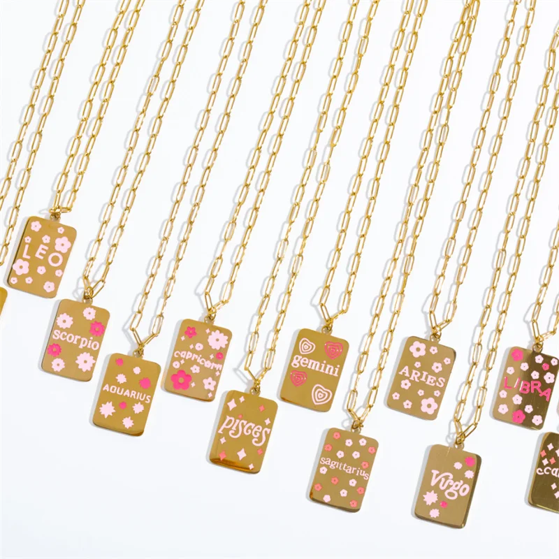 

Cute Pink 18K Gold Plated Stainless Steel Rectangle Enamel Letter Zodiac Pendant Necklace