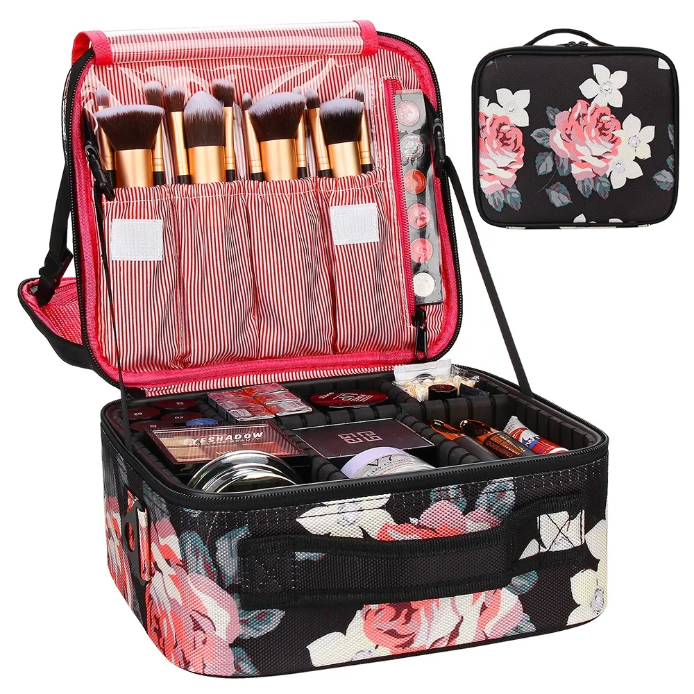 

Relavel 2021 New Arrived Portable Waterproof Train Brush Holder Organizer Adjustable Dividers Cosmetic Beauty Travel Makeup Case, Flowery pattern