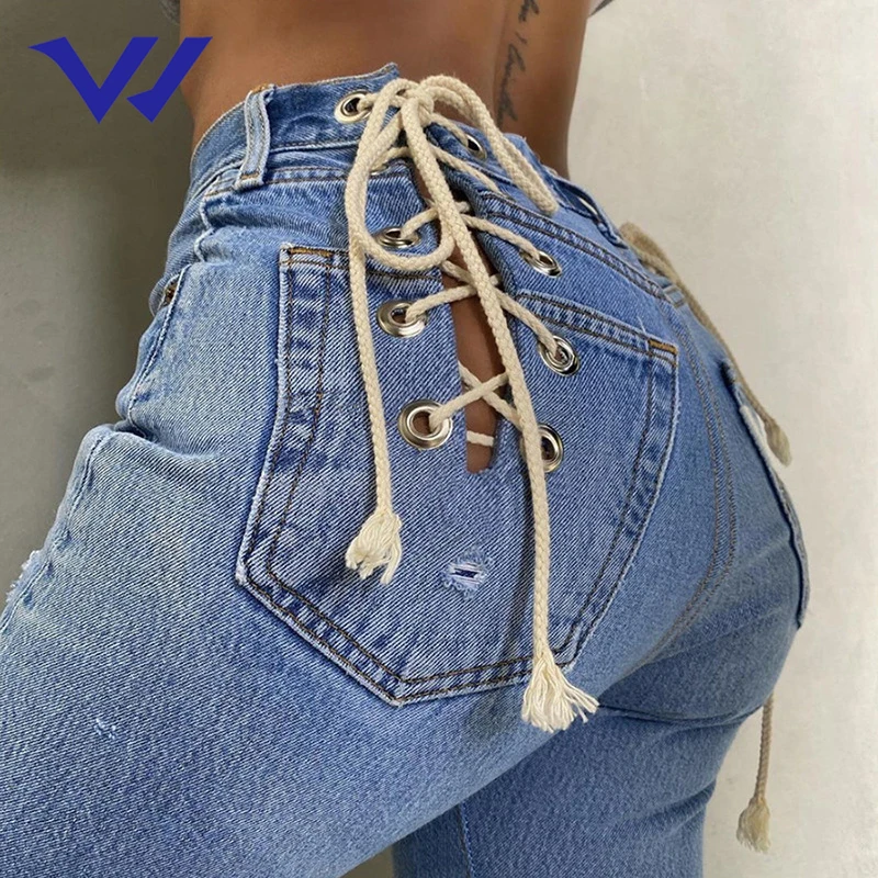 

High waist hollow strap women ripped jean pant Clubwear blue long outfits womens jean, Picture