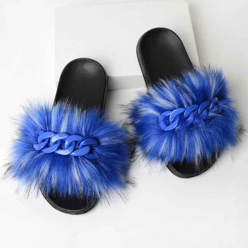 

2021 Latest Faux Fur Platform Sandal Designer Chain Fur Slides Cheap Fur Slippers