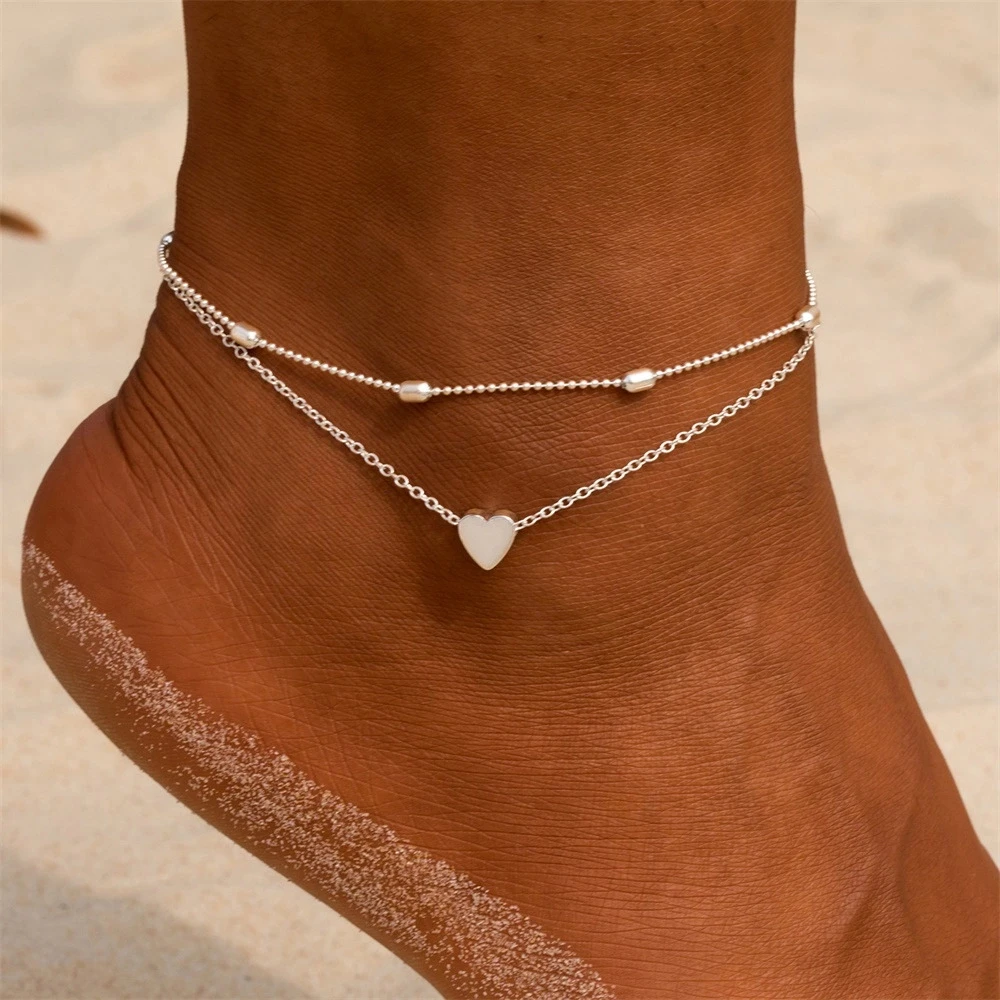 

2021 Double Chain Anklets Foot Jewelry Ankle Bracelet Beach Heart Initial Gold Chain Anklets For Women