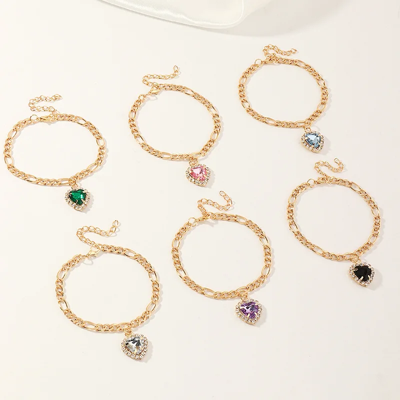 

Figaro Chain Crystal Heart Charm Bracelet Heart Zircon Bracelet for Women Girl