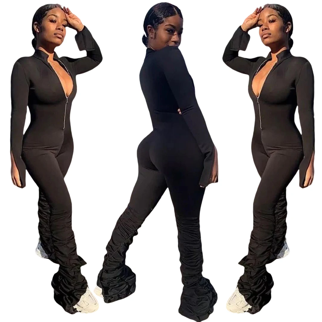 

YD1106 Foma Stand-up collar Solid color zipper v neck long sleeve jumpsuit elegant one piece for women, Black
