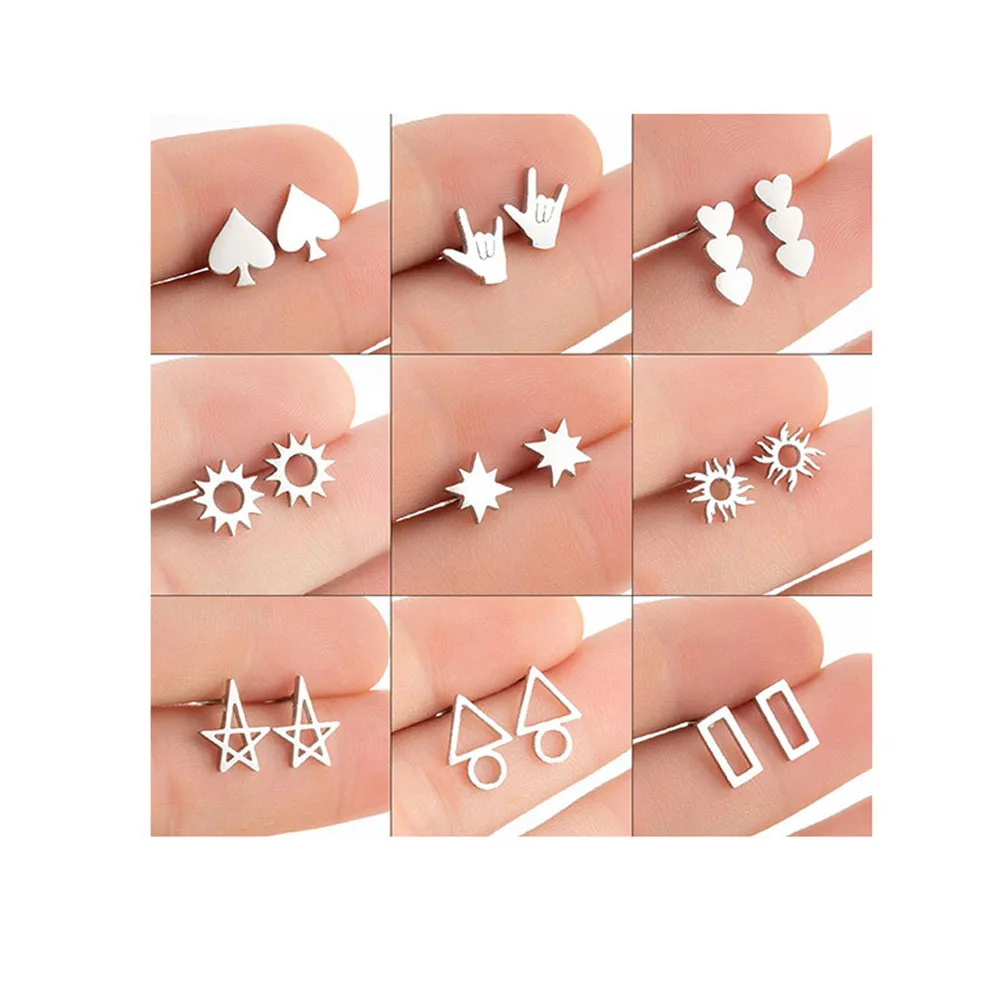 

2021 Hot Sale INS Style Stainless Steel Hypoallergenic Stud Earrings Cute Rectangle Heart Star Personality Ear Stud for women, Golden sliver