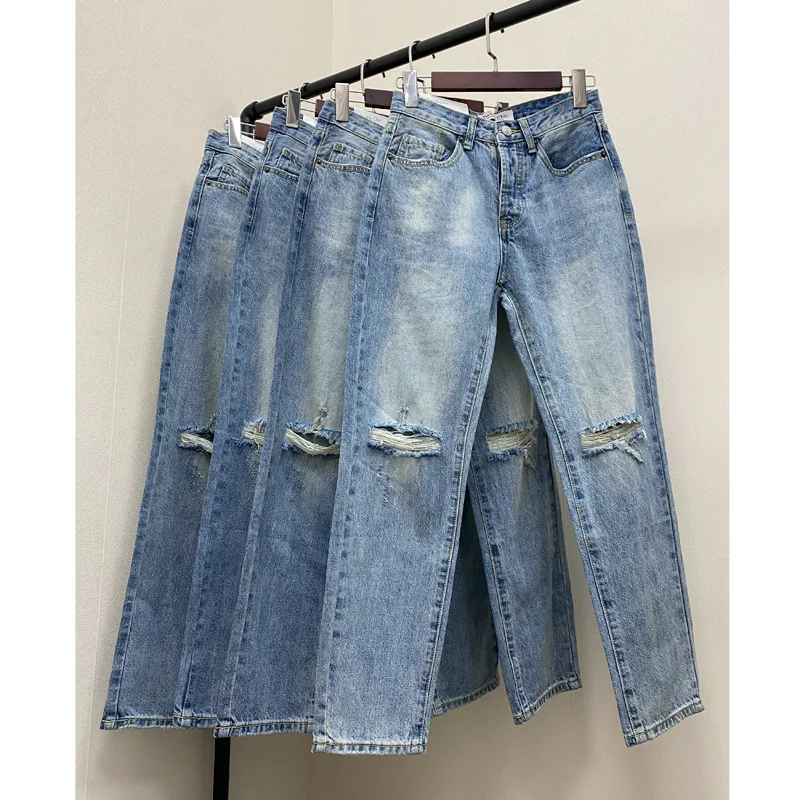 

2021 spring new knee hole ripped high waist jeans women loose and thin wear white small straight pants fashion