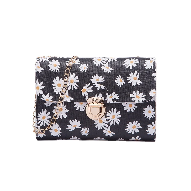 

Women fashion metal handle PU daisy Pattern Shiny cross body messenger shoulder bag, Brown