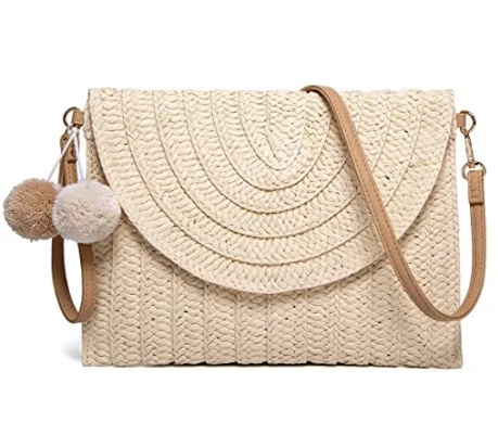 

Amazon Best Selling Straw Clutch Shoulder Bag Women Hand-woven PomPom Straw Crossbody Bag Summer Beach Envelope Purse Wallet