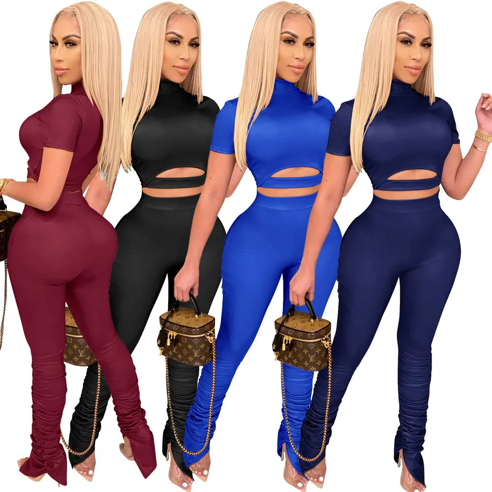 

2021 new fashion spring clothing short sleeve crop top with jogger pant sweatshirt set women two piece pants set
