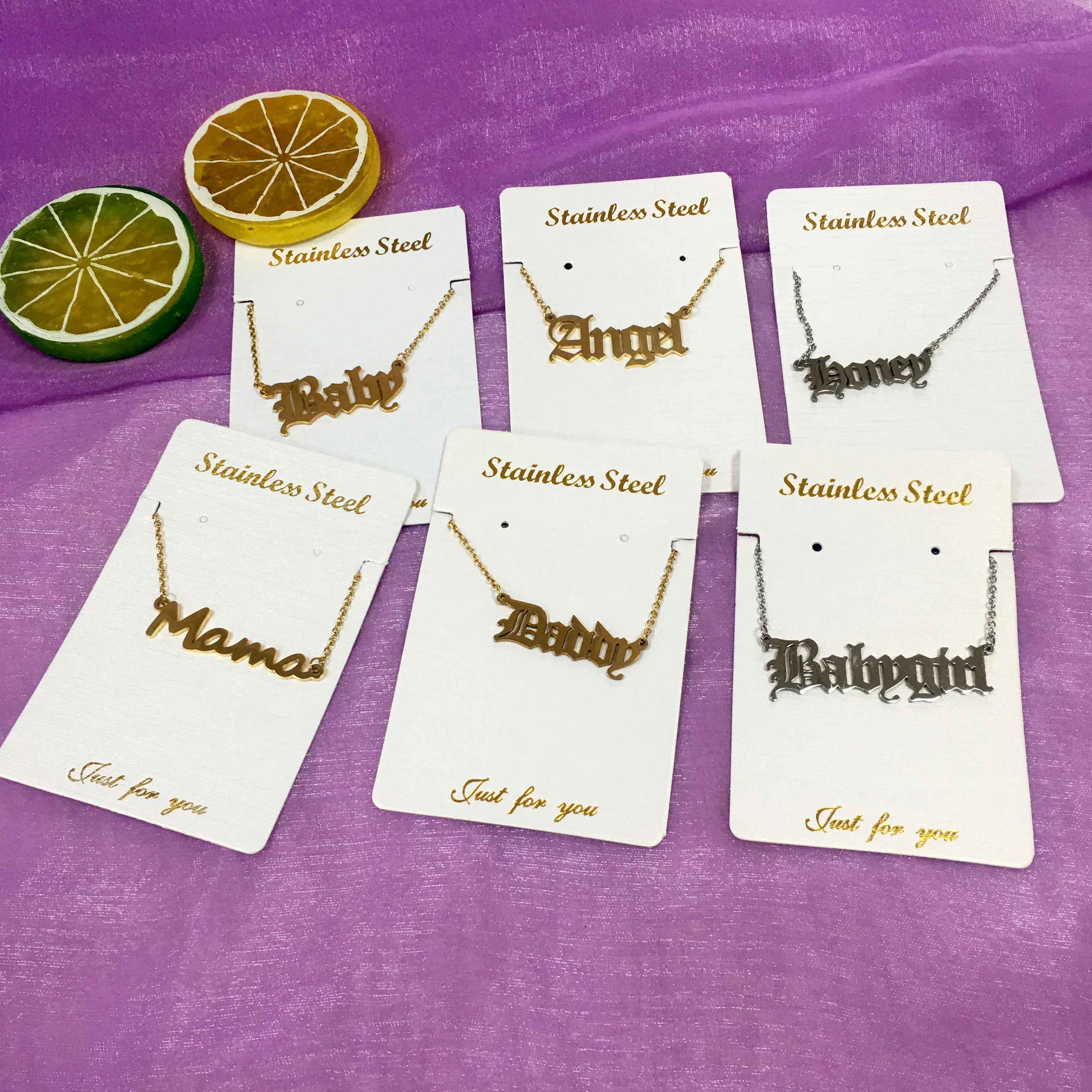 

custom name logo gold stainless steel pendant letter necklace with customized card