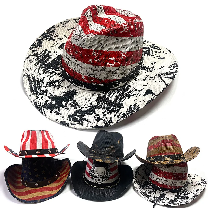 

2023 New American Print Panama Hat Rolled Up Brim Cowboy Hat Beach Vintage Fedora hat