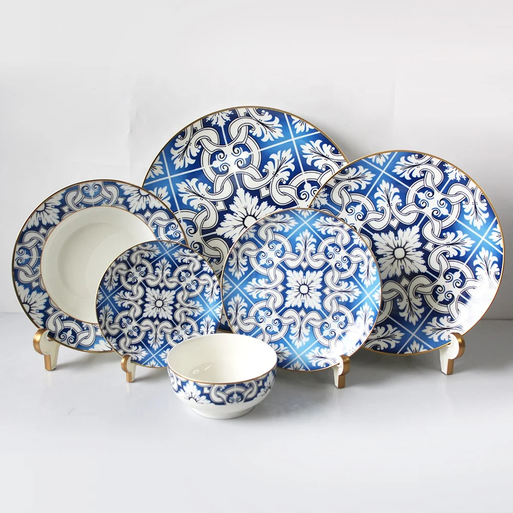 

Western blue design gold rimmed dinnerware sets ceramic wedding events charger dinner plates, Blue with gold rim