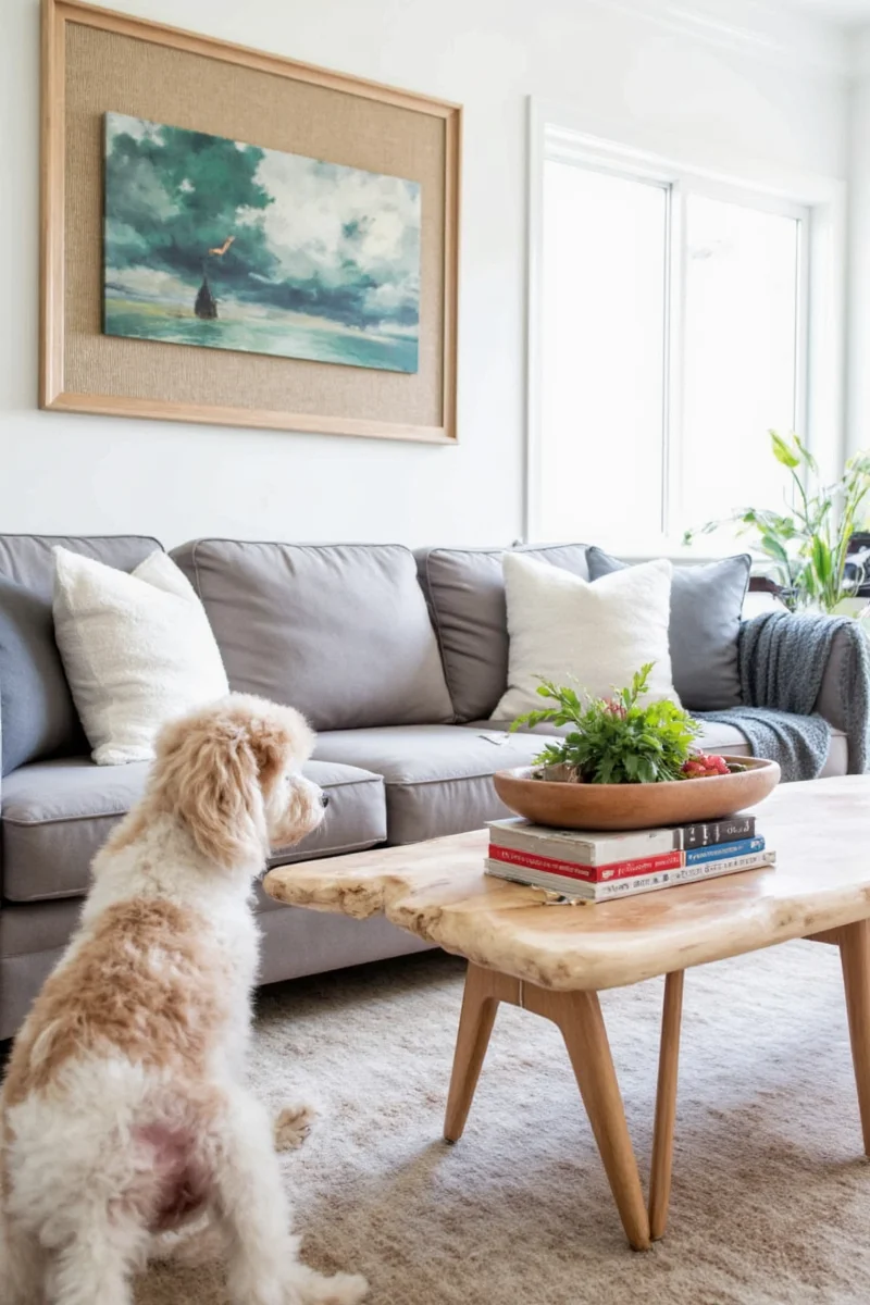 Sectional sofa in performance velvet fabric resisting pet hair