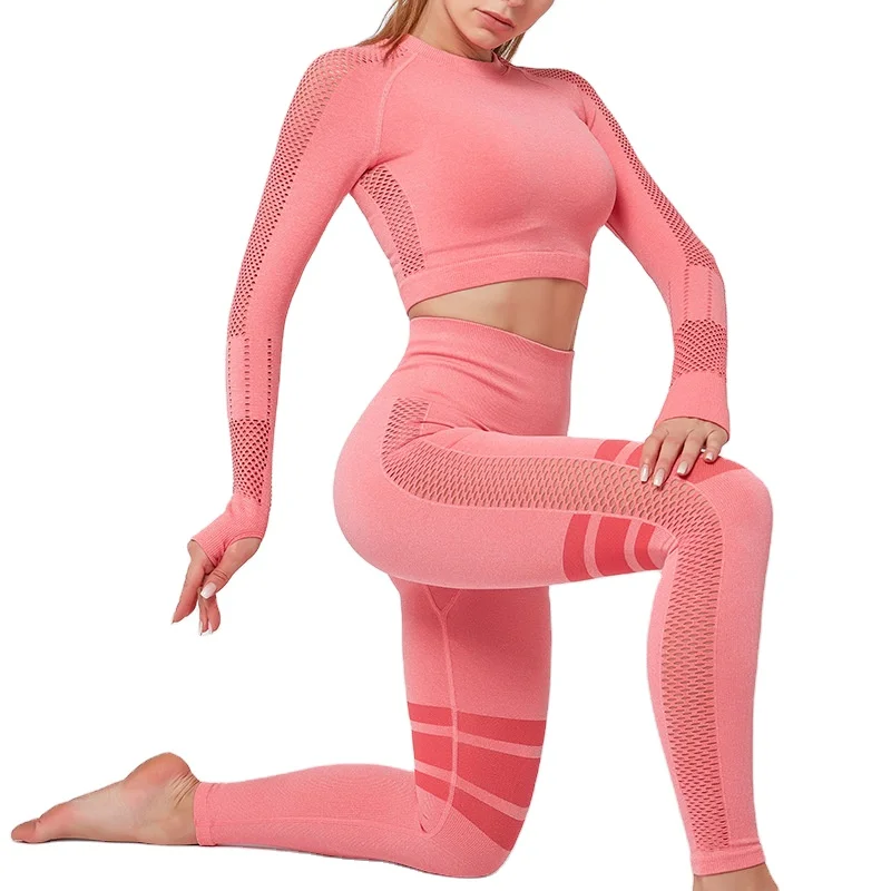 

Custom Logo Fast Delivery Long Sleeve Workout Top Woman Sweat Breathable Seamless Hot Yoga Pants Set, Customized colors