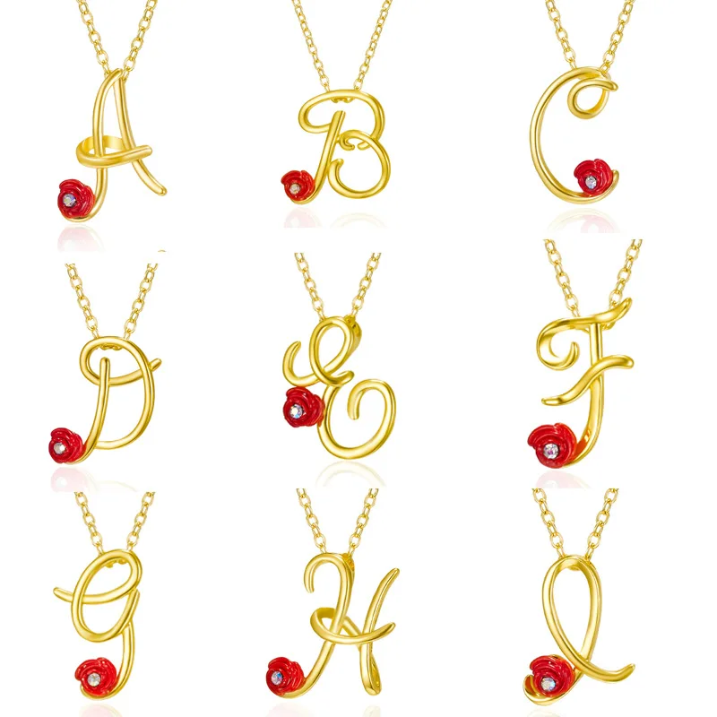 

2021 Valentine's Day 18K Gold Plated 26 Old English Alphabet Capital Letter Necklace Rose Flower Initial Letter Necklace