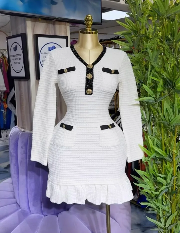 Spring New Fashion Button V Neck Free Size Waist Long Sleeve Mini Dress Women Office Dresses for Ladies