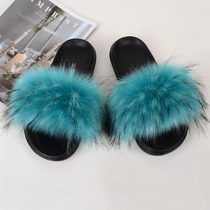 

2021 hot sale cheap wholesale big raccoon artificial mink fur slippers for women