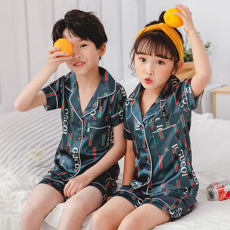 

Wholesale Piyama Anak de Seda Infantiles Pijama Children pjs Boy Pyjama Satin Girl Sleepwear 2 Piece Set Silk Pajamas For Kid