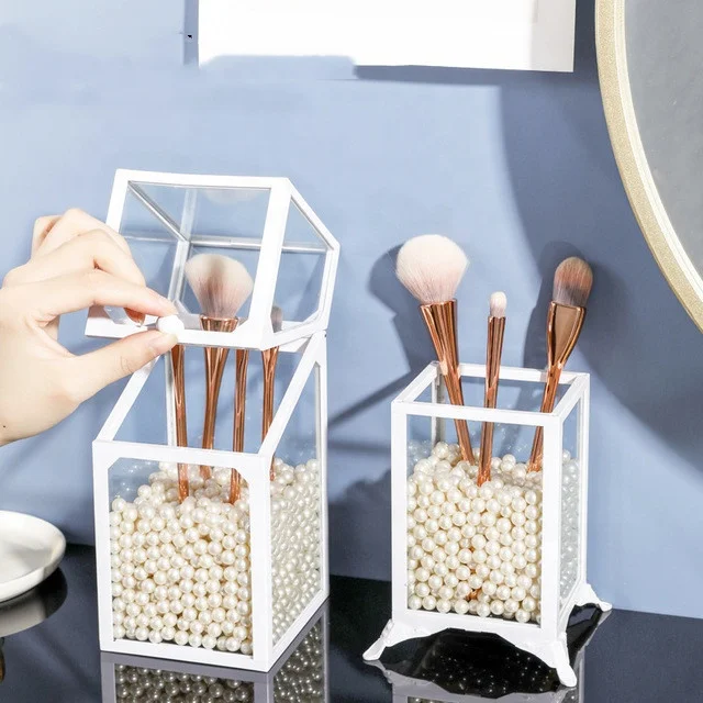 

BEAU FLY Professional Plastic brush storage box pearls Makeup Brush Holder with lid Beauty Tools Sponge Storage Barrels Case, White, black