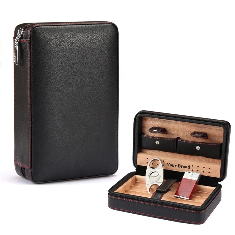 galleon high end Cedar cigar humidor portable commercial black leather travel cigar humidor