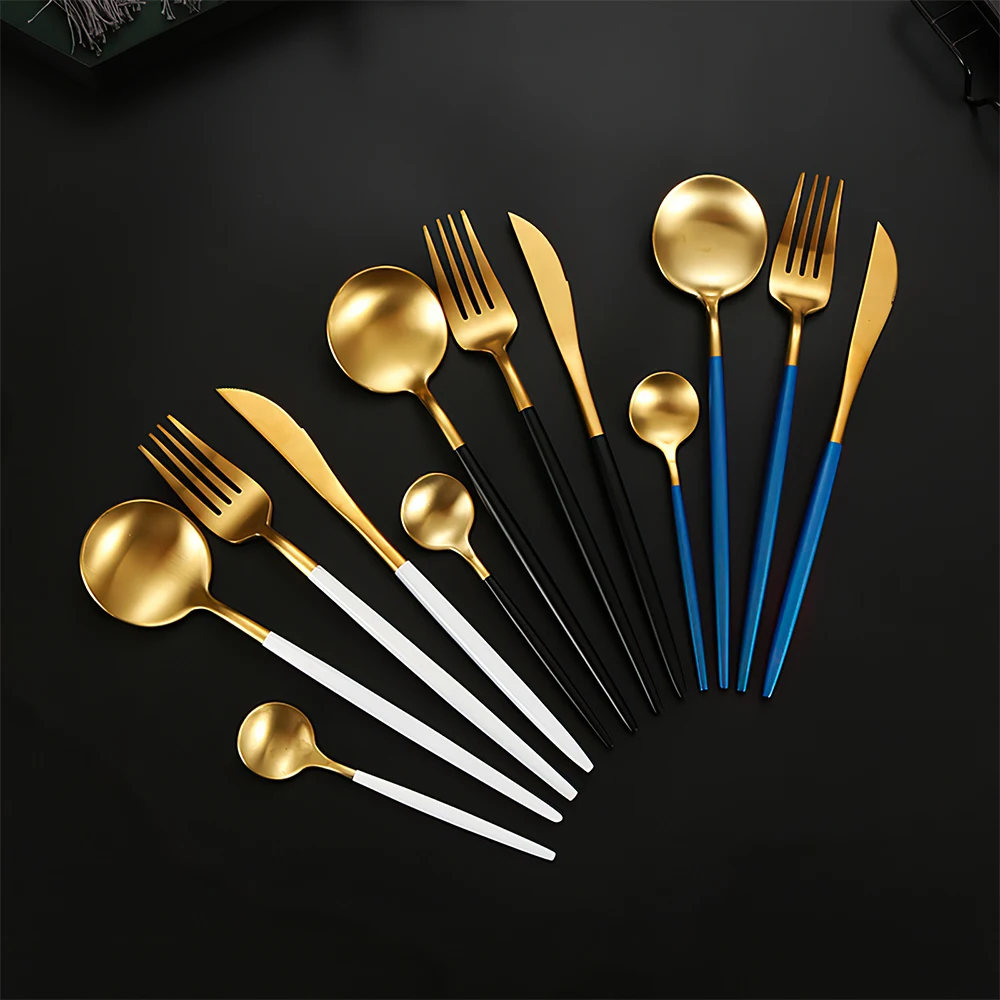 

24-Piece Matte Finished Black Gold Flatware Stainless Steel cutlery set gold plated wholesale dining table set
