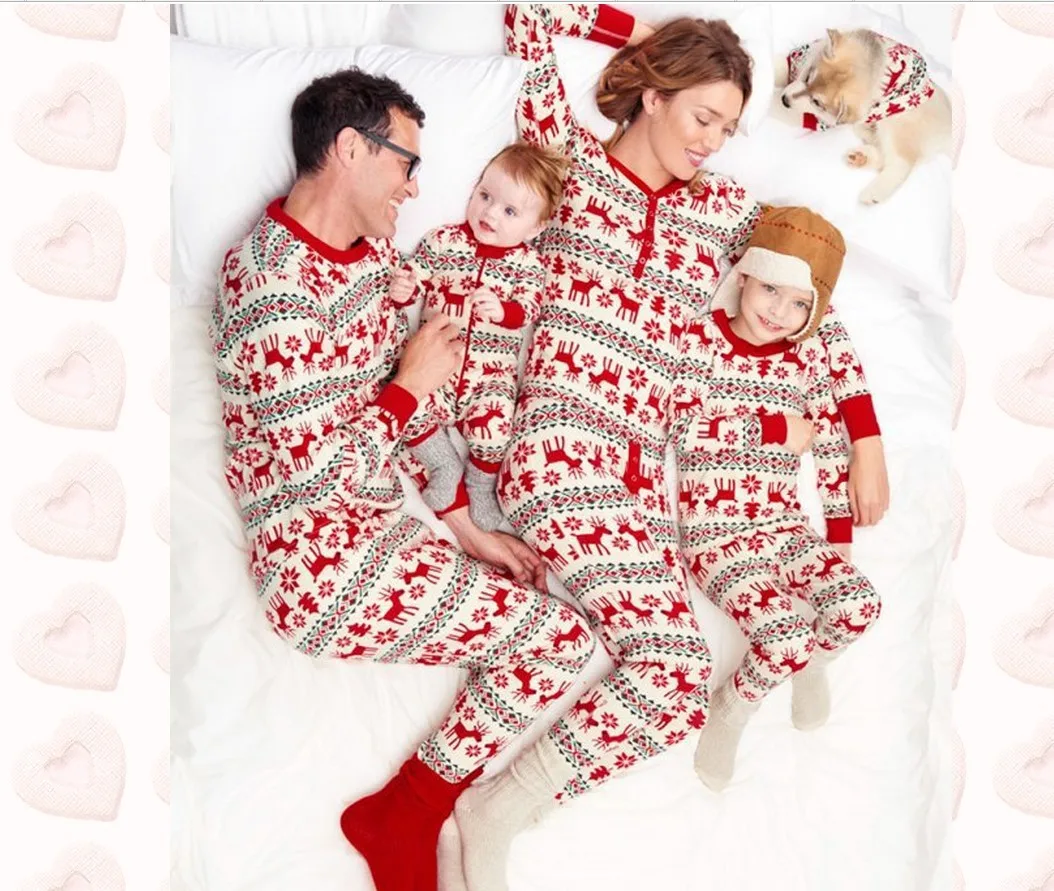 

Christmas full printed family pajamas 100% cotton 2 piece set clothing, White