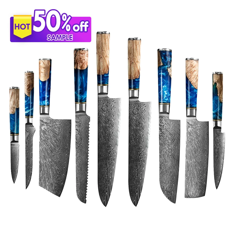 

Ready to ship Amazon Hot 9pcs VG10 Damascus Steel Kitchen Knife set resin wooden handle chef knife santoku knife