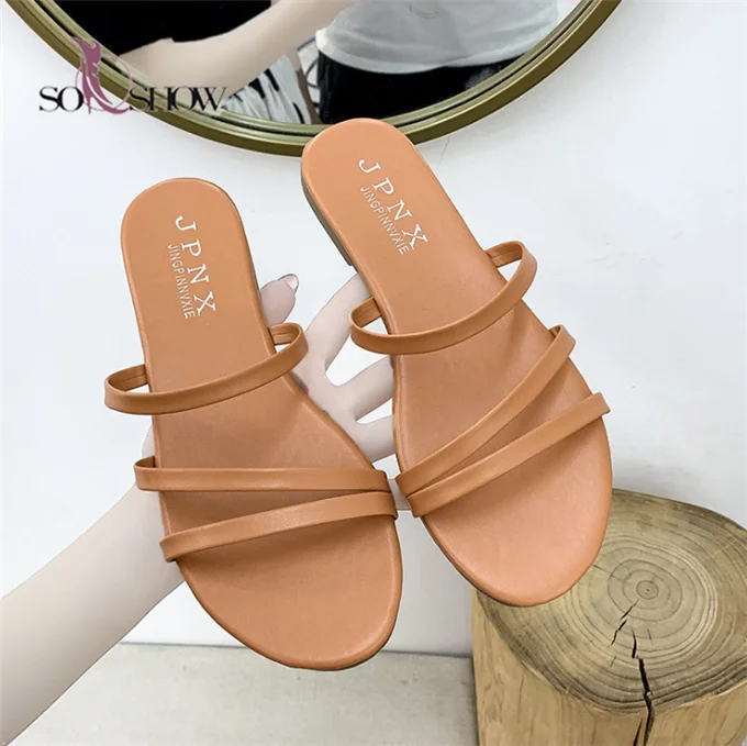 

2021 China cheap pu slippers for girls fashion korean elegant flat womens slippers