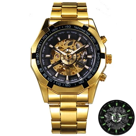 

WINNER 340 Light in the Dark Mechanical Automatic Watch 18k Gold Plated Skeleton Vintage Top Brand Men Luxury Watch