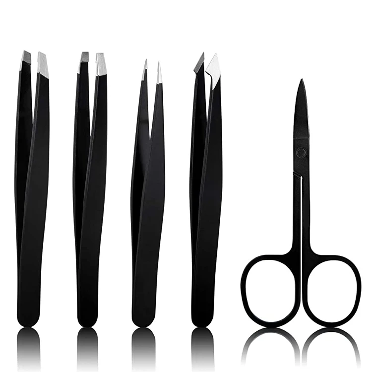 

Professional Stainless Steel 5Pcs PU Leather Black Eyebrow Trimmer Tweezers Set Tweezer and Eyebrow Scissor, Rose gold. silver. accept customization