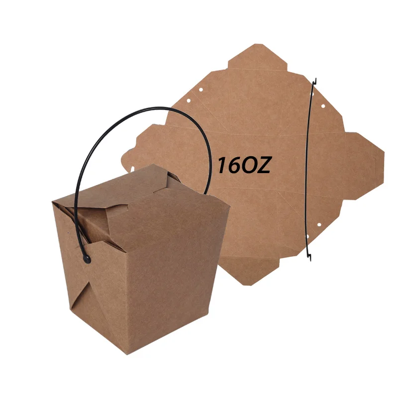 

Custom Printing Biodegradable 16oz Food Packaging Takeaway Kraft Paper Noodle Box with Plastic Handle
