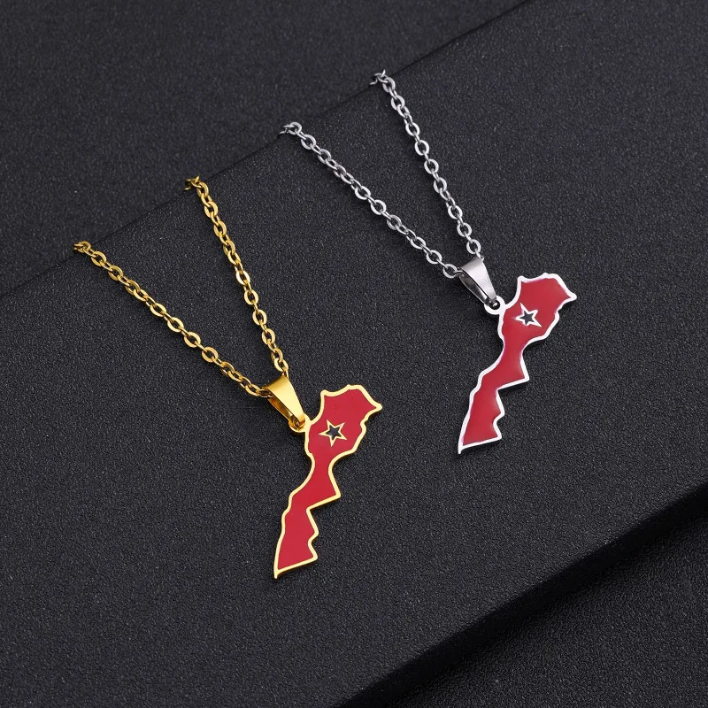

Hotsale 18K Gold Plated 316L Stainless Steel Morocco Map Necklace Oil Drip Morocco Pendant Necklace Enamel Morocco Necklace