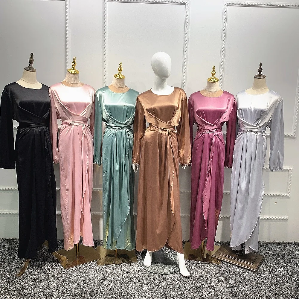 

2020 New fashion modest elegant satin Muslim maxi dress Islamic clothing Turkish Dubai Abaya, Black, pink, gray, green, brown, purple
