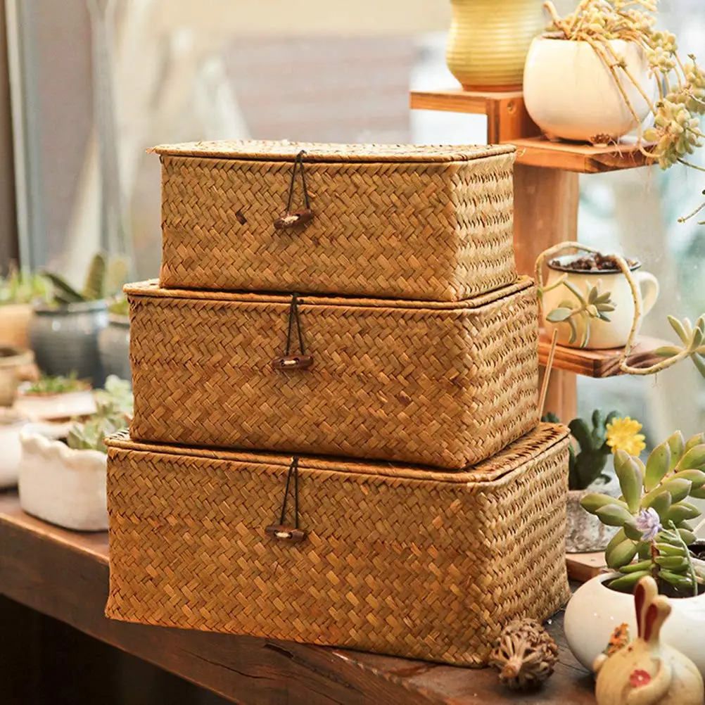 

Handmade Seagrass Woven Storage Box Seaweed Storage Finishing Basket with Lid Sundry Bath Cosmetic Towel Container, Natural brown color, orange,yellow, white