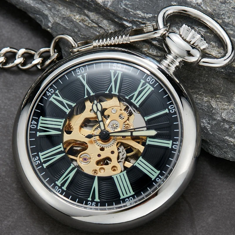 Vintage Watch Necklace Steampunk Skeleton Mechanical Pocket Watch Clock Hand-winding Men Women Chain Gift De Bolso