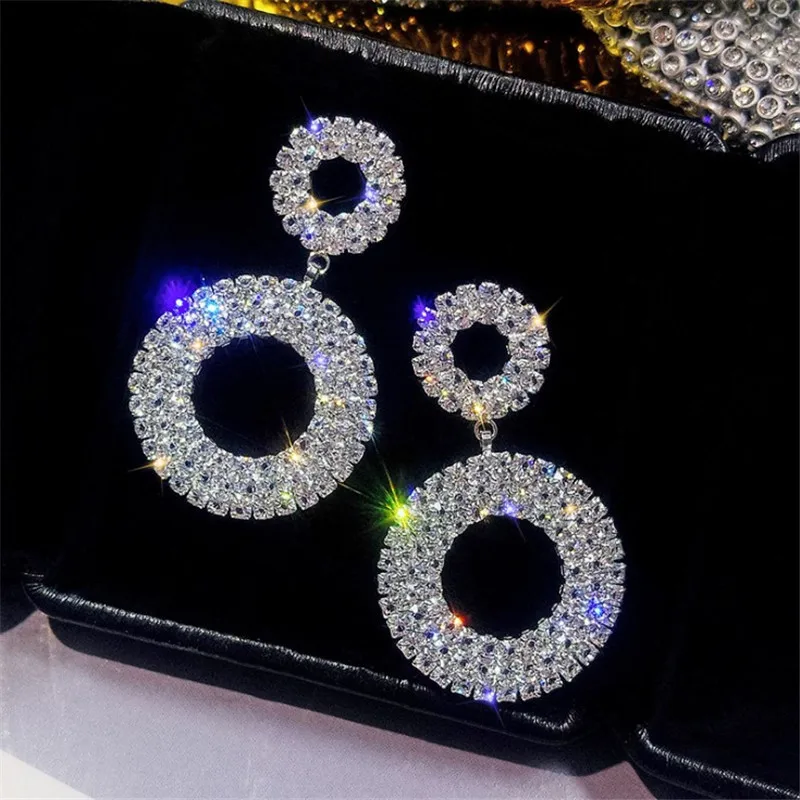 

New fashion full rhinestone earrings statement bridal luxury double circle earrings for women