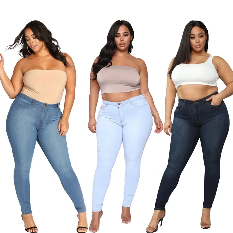 

2021 New High Quality Plus Size High waist skinny Jeans For fat Women Distressed Washed Blue Stretch Female Denim Jeans Trousers, White, black, dark blue, light blue, medium blue