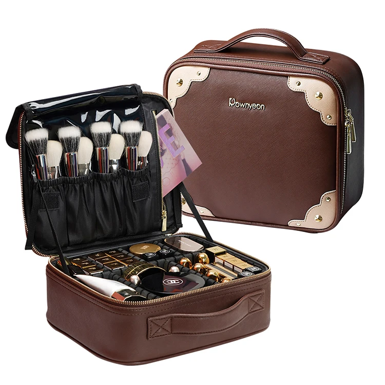 

Stock OEM Luxury Custom Logo Pu Leather Women Make Up Bag Cosmetic Pouch, Brown