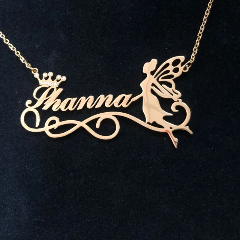 

18k Gold Angel Necklace Custom Name Crystal Crown Necklace CZ Nameplate Necklaces