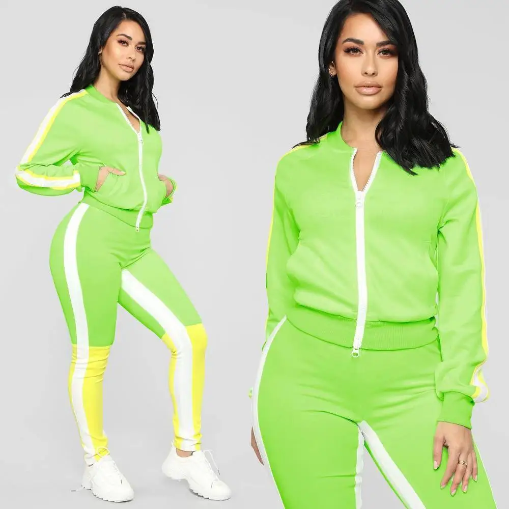 Green Women O-Neck Long Sleeve 2 Pieces Front Zipper Sports Casual Women Suits