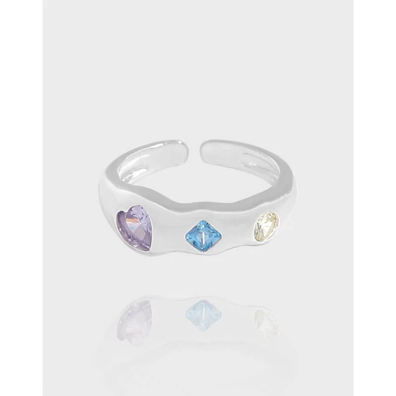 Fashion Wild Heart Square Colorful Zircon Paved Wedding 925 Sterling Silver Open Finger Rings for Girls Fine Jewelry
