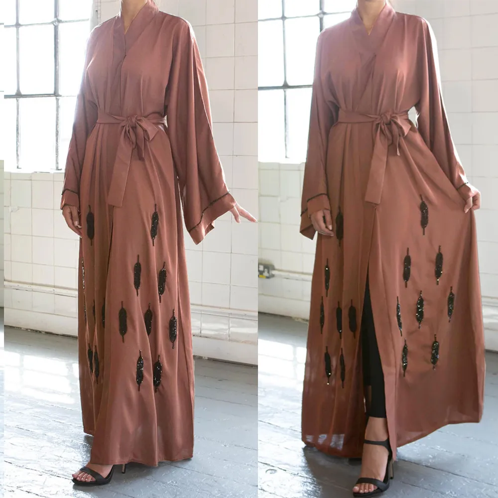 

High quality 100% polyester nida with stone open abaya for muslim, Brown