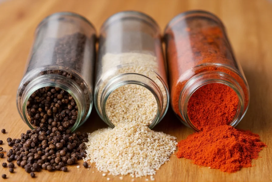Close-up comparison of black pepper, white pepper, and cayenne in glass spice jars on wooden table