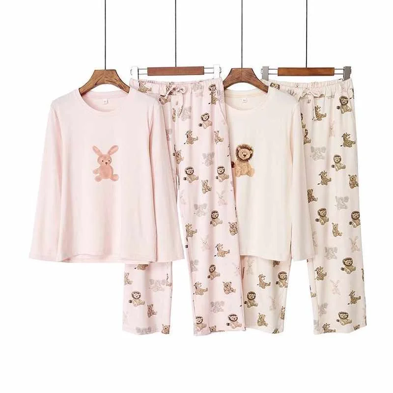 

Japanese new style long-sleeved trousers sleepwear ladies spring and autumn animal print cotton modal cartoon home service suit, Required