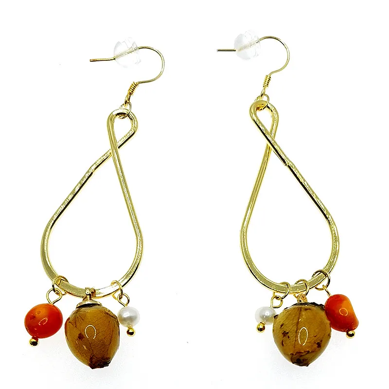 

E466 In Stock Rose coral Earring Statement Drop 18K Gold Plated link Baroque Fresh Water Pearl hook for women jewelry
